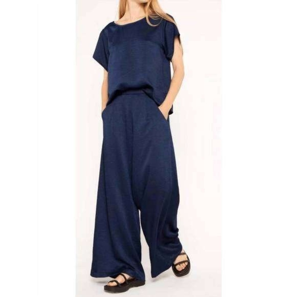 Ripley Rader Satin Crepe Yacht Pant Women's Large Navy Blue Wide Leg‎ NEW